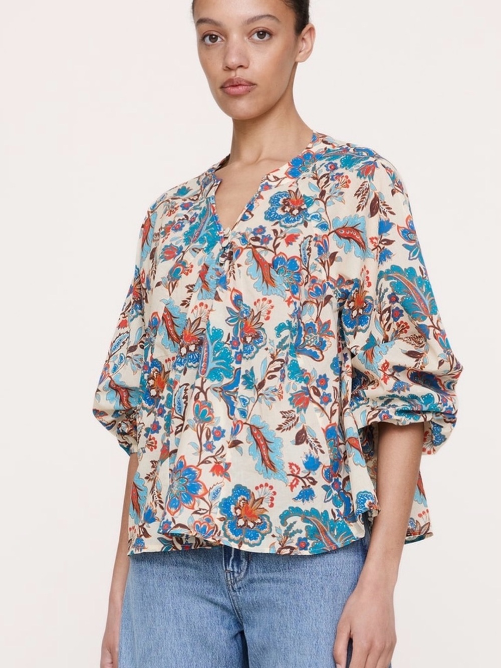 Banana Republic Cream Floral Peasant Blouse with Blue and Brown Accents
